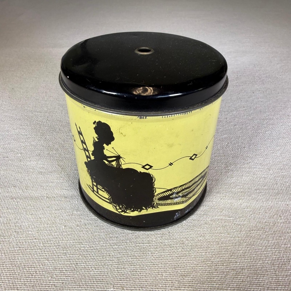 Vintage Silhouette Knitting String Tin Yellow Black Cat Woman Crochet Holder